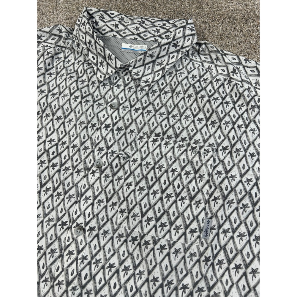 Columbia PFG Mens XL Grey White Diamond Palm Tree Fishing Shirt  #0522